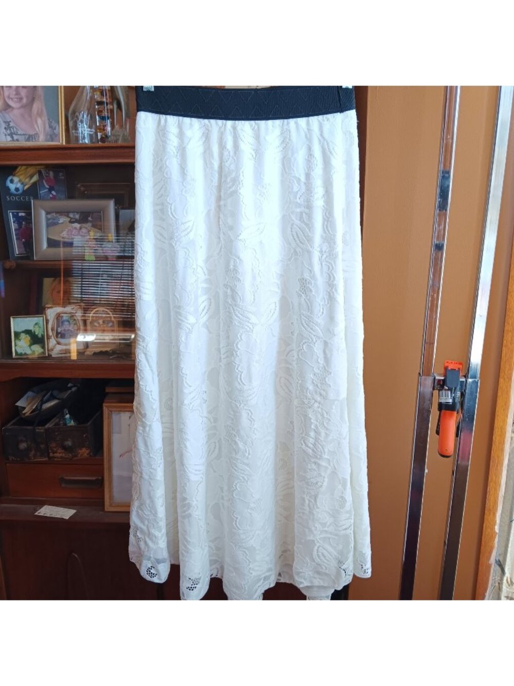 Small LuLaRoe White Lace Maxi Skirt With Black Stretch Waistband Size S
